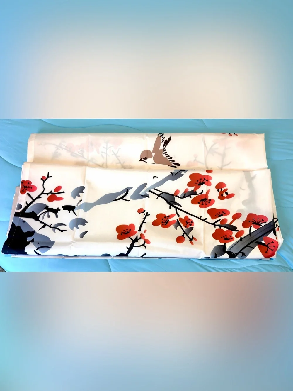 Red Black Bird Blossom Shower Curtain Japenese Inspired